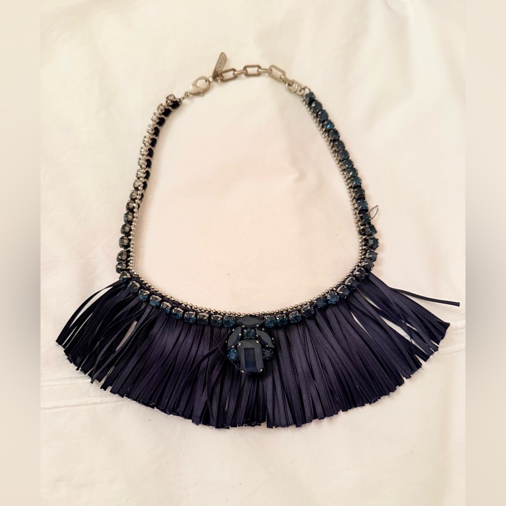Italian Navy Blue and Crystal Fringe Necklace